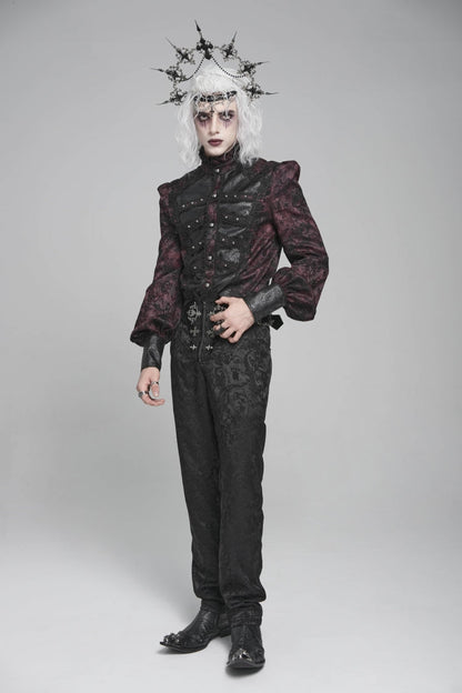 Crimson & Obsidian Stand Collar Long Lantern Sleeves Floral Print Embroidery Gothic Blouse