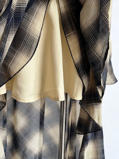 Asymmetric Khaki Plaid Neck Sleeveless Top High-Low Uniaue Halter