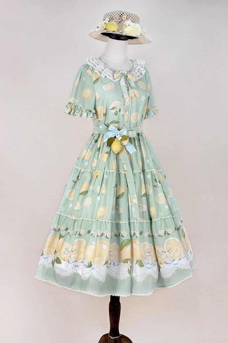 Emerald Lemon Chicken Short-Sleeve Ruffle Bow Daily Sweet Dress