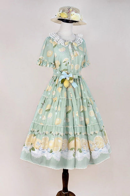 Emerald Lemon Chicken Short-Sleeve Ruffle Bow Daily Sweet Dress
