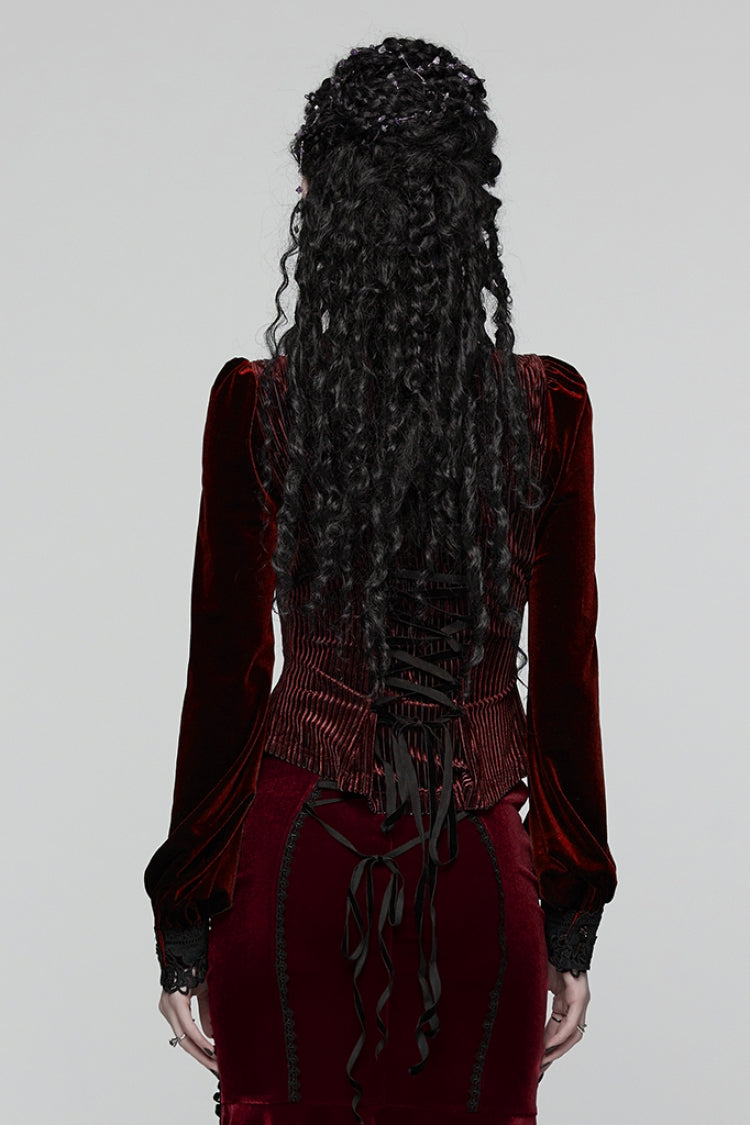 Crimson High-Neck Gothic Floral Lace-Up Blouse with Puffed Sleeves