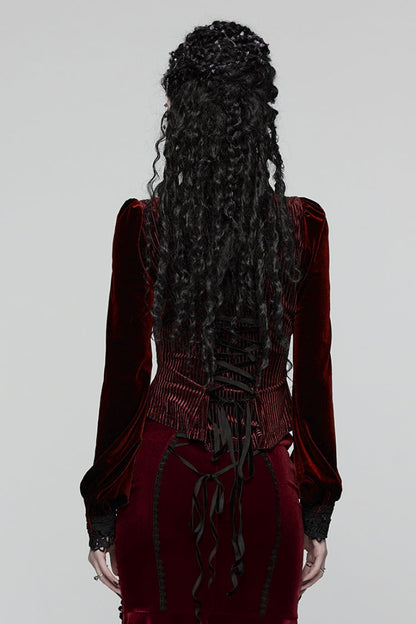 Crimson High-Neck Gothic Floral Lace-Up Blouse with Puffed Sleeves