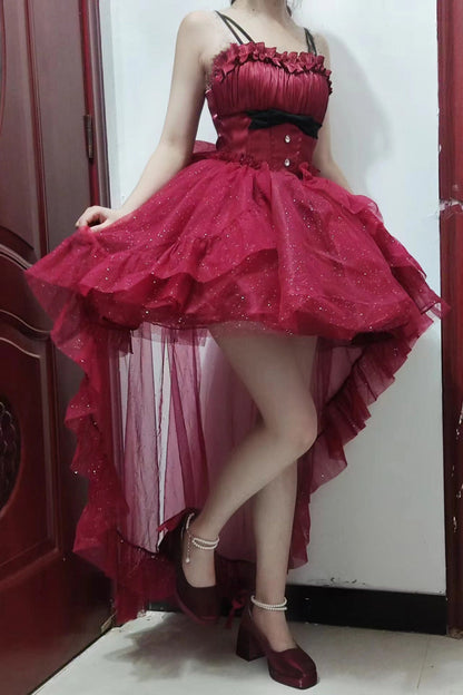 Crimson Gorgeous Lolita JSK Dress with Shiny Bow and Train