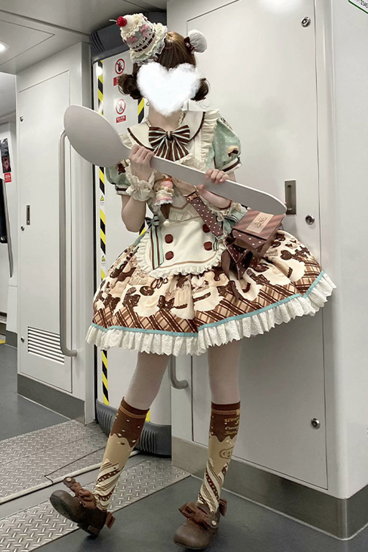 Peppermint Chocolate Cake Bear Print Lace-Up Lolita Dress with Bow - Sweet
