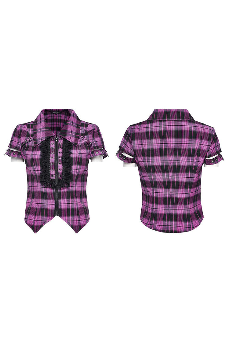 Steampunk Hollow-Lace Plaid Blouse with Short Sleeves in Two Shades - VictorianRose