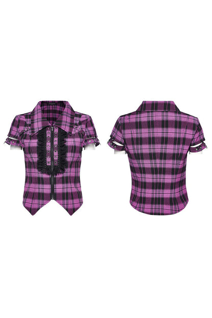 Steampunk Hollow-Lace Plaid Blouse with Short Sleeves in Two Shades - VictorianRose