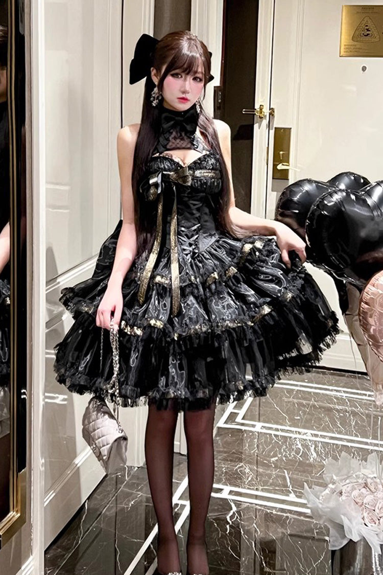 Gothic Princess Dress with Halterneck and Triple Ruffle Lace in Black
