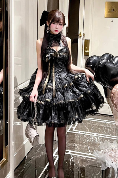 Gothic Princess Dress with Halterneck and Triple Ruffle Lace in Black