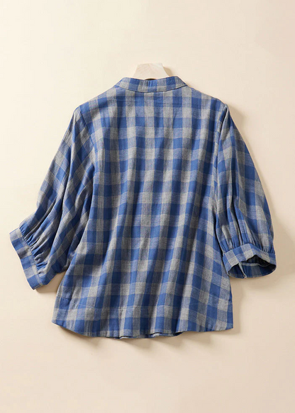 Grace Blue Plaid Stand Collar Cotton Blouses Bracelet Sleeve QR023