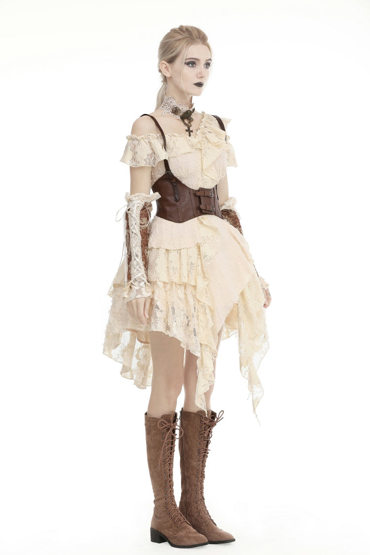 Steampunk Vintage Women's Dress with Irregular Ruffled Lace Layers, Cream
