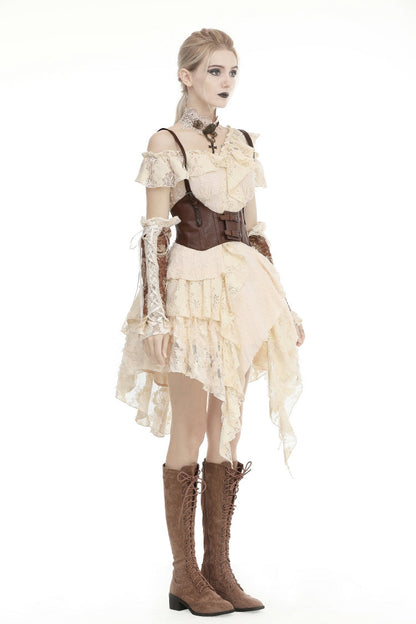 Steampunk Vintage Women's Dress with Irregular Ruffled Lace Layers, Cream