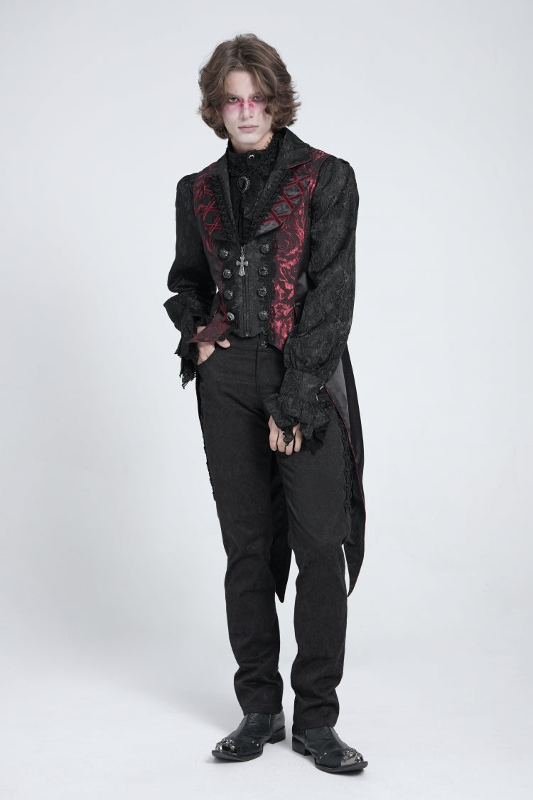 Crimson & Obsidian Sleeveless Lace-Up Zipper Swallow-Tailed Vest