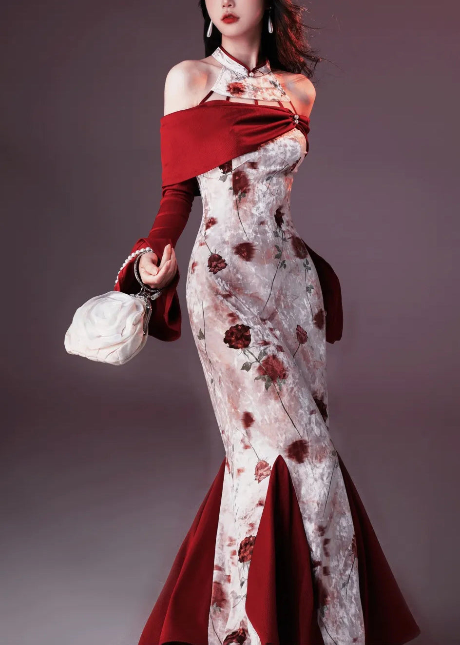 Velvet Print Patchwork Fishtail Chic Silk Red Flare Dresses