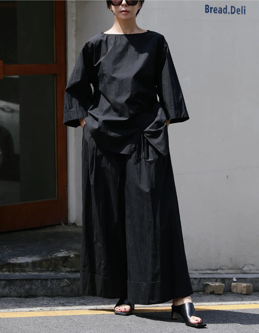 Casual Cotton Top Drawstring Sleeve Khaki Half Asymmetrical