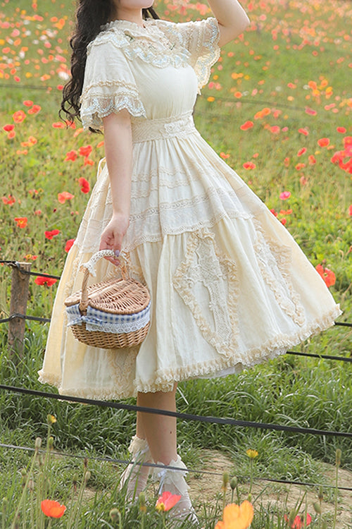 Plus Size Sweet Lolita OP Gown with Floral Embroidery, Lace Cross & Round Collar