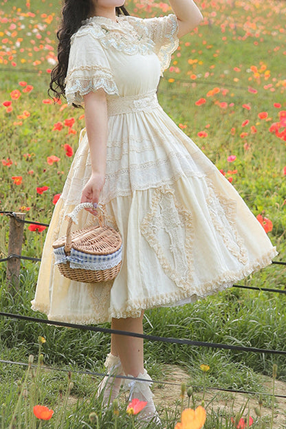 Plus Size Sweet Lolita OP Gown with Floral Embroidery, Lace Cross & Round Collar