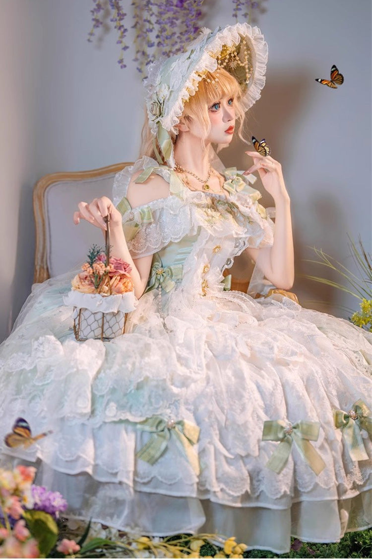 Emerald Glazed Phantom Off-Shoulder Ruffle Hanayome Bow Lace Dress