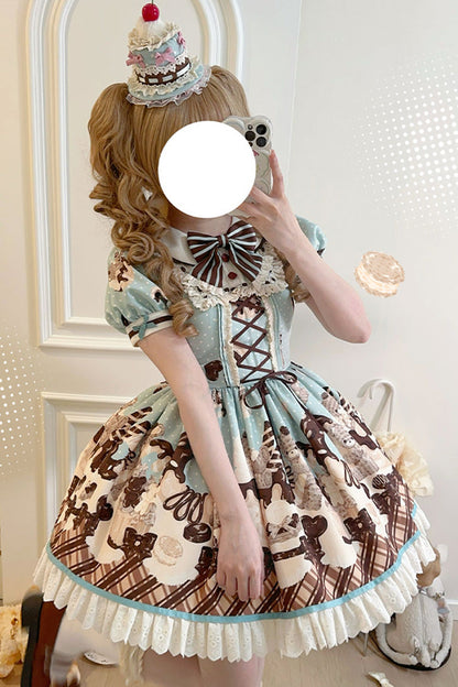 Peppermint Chocolate Cake Bear Print Lace-Up Lolita Dress with Bow - Sweet