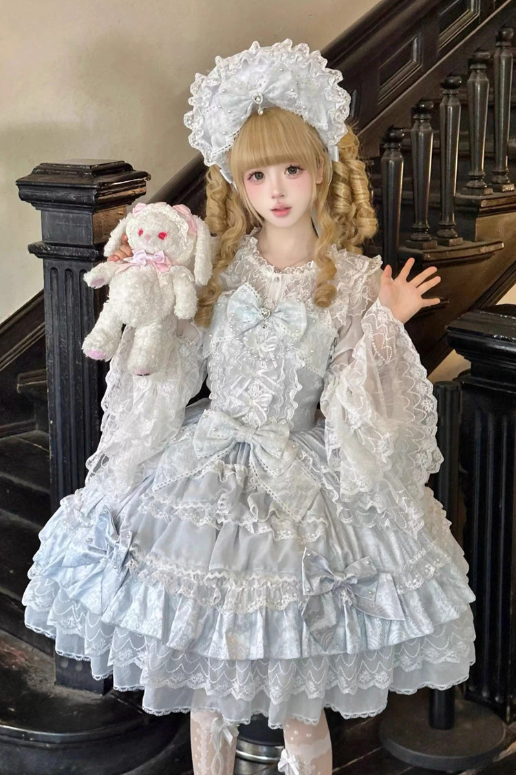 Azure Pearl Veil Doll-Style Sleeveless Ruffled Bow Lace Layered Sweet Lolita Gown
