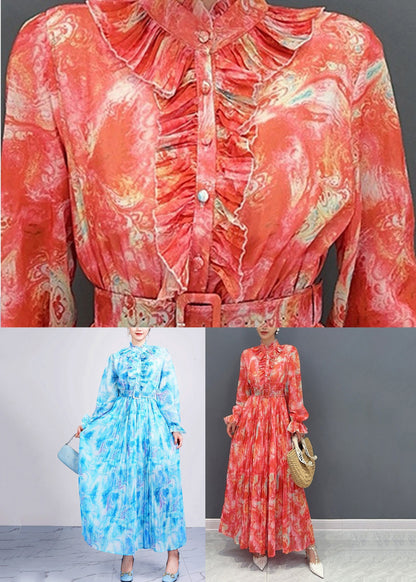 Collar Print Fashion Long Stand Chiffon Sashes Dress Red