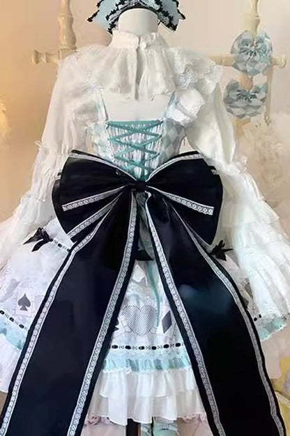 Sleeveless Print Ruffle Bowknot Lace Sweet Lolita Dress in Mint Green Bamboo Overture