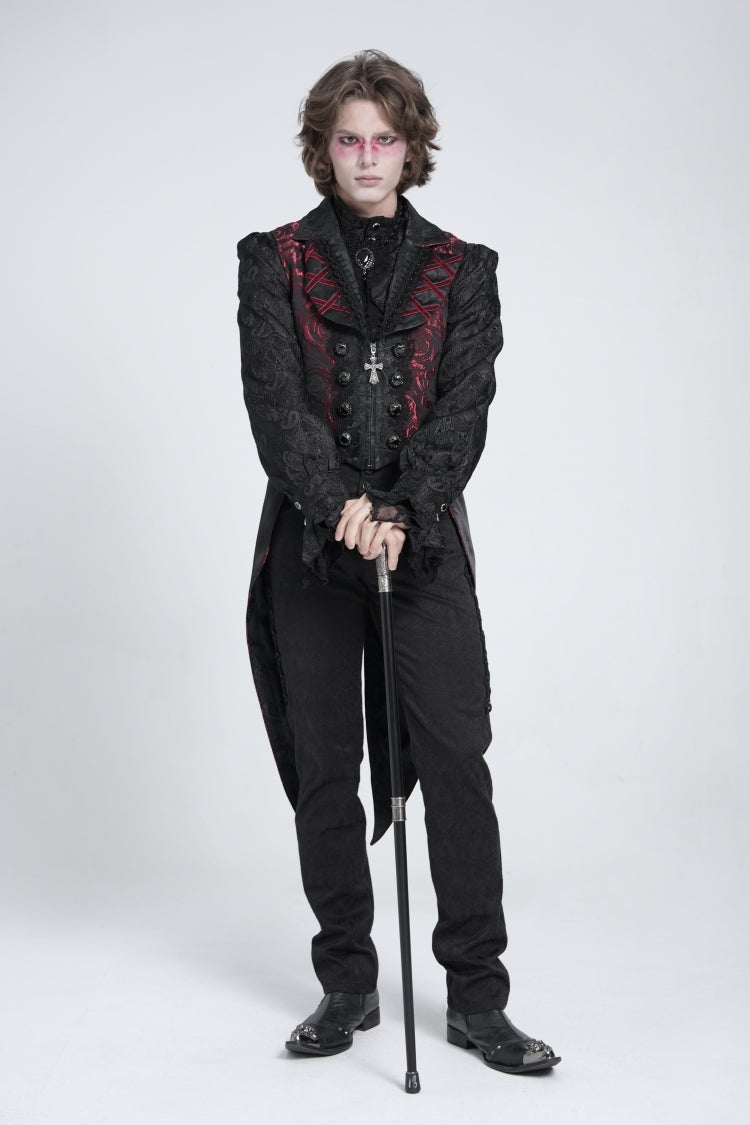 Crimson & Obsidian Sleeveless Lace-Up Zipper Swallow-Tailed Vest