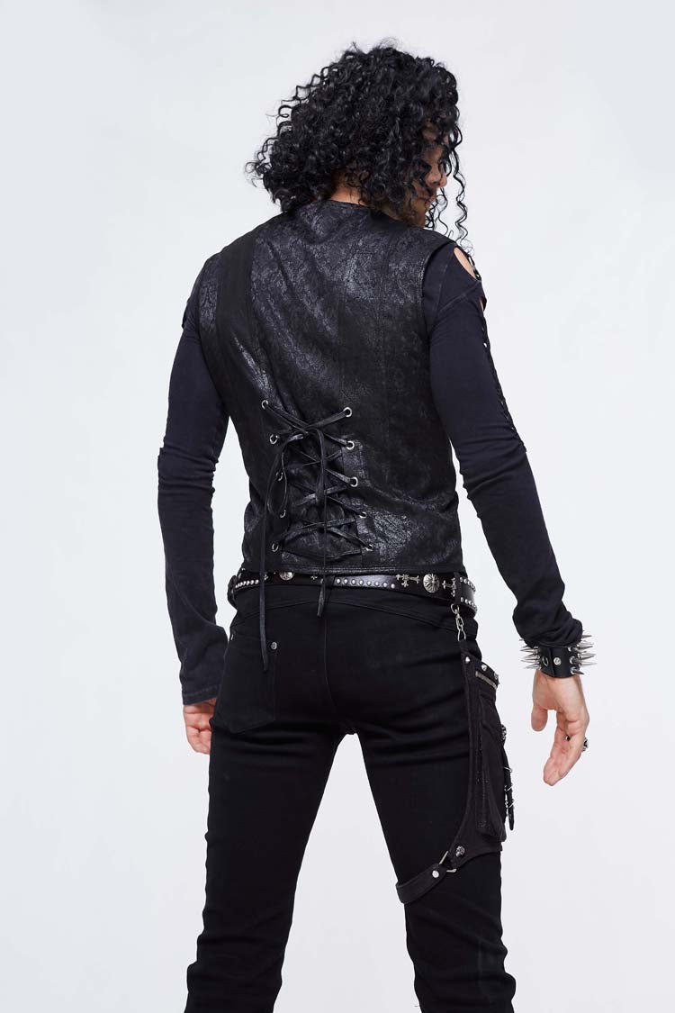 Men's Punk Waistcoat with Lace Up Chest Loop and Heat Seal Backing Splice in Black Jacquard