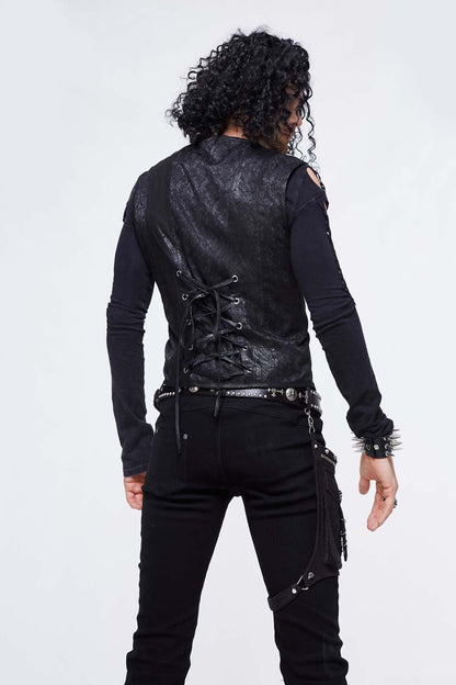 Men's Punk Waistcoat with Lace Up Chest Loop and Heat Seal Backing Splice in Black Jacquard
