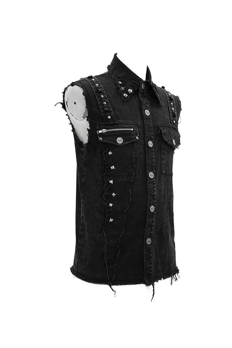 Men's Punk Waistcoat with Faded Finish, Bullet Clip and Rivet Details