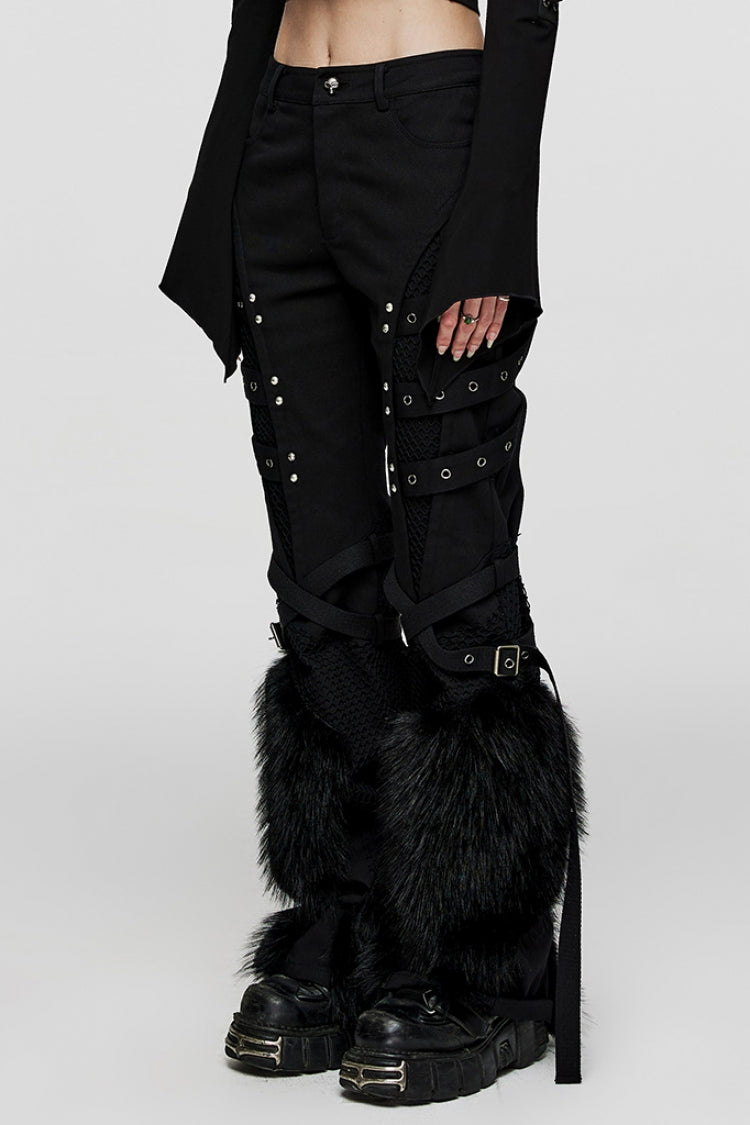 Women's Steampunk Fluffy Pants with Eyelet Stitching and Metal Mesh