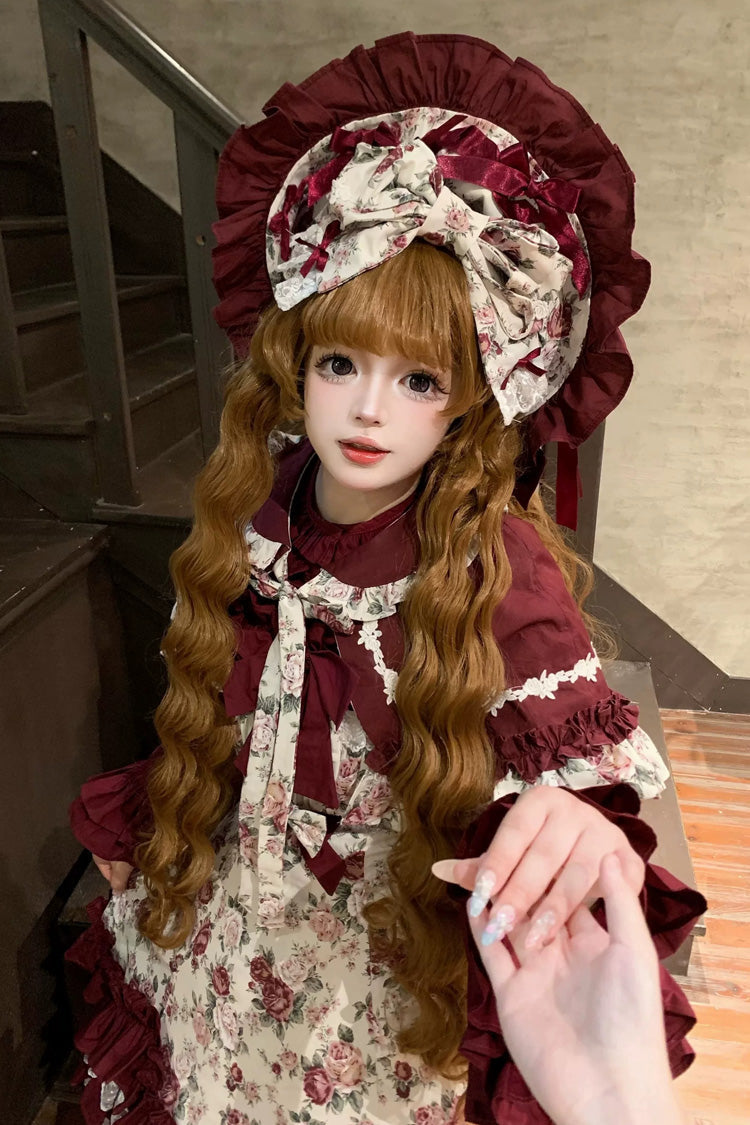 Off Shoulder Ruffled Bow Lace Gothic Lolita JSK Dress with Rose Print