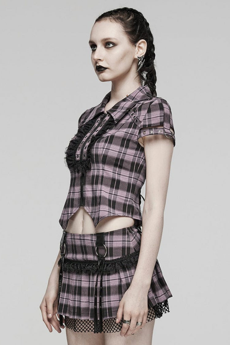 Steampunk Hollow-Lace Plaid Blouse with Short Sleeves in Two Shades - VictorianRose