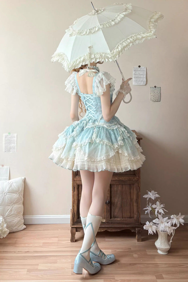Emerald Short Sleeve Multi-Layer Ruffle Embroidery Bow Lace-Up Sweet Elegant Ballet Lolita Jumper Dress