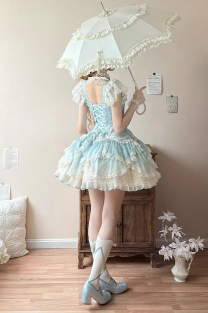 Emerald Short Sleeve Multi-Layer Ruffle Embroidery Bow Lace-Up Sweet Elegant Ballet Lolita Jumper Dress