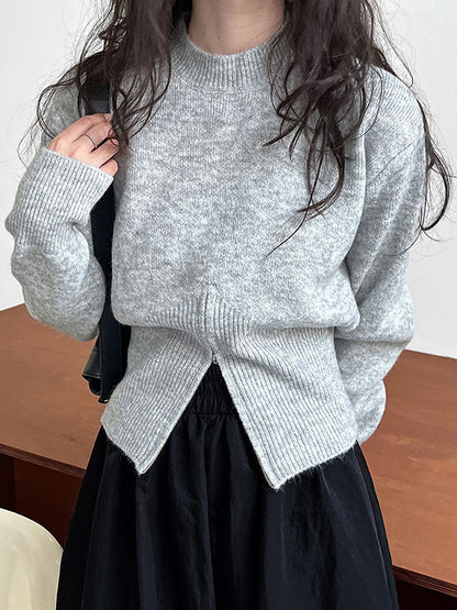 Chic Grey Mock Neck Zip-up Hem Long Sleeve Sweater AN1072