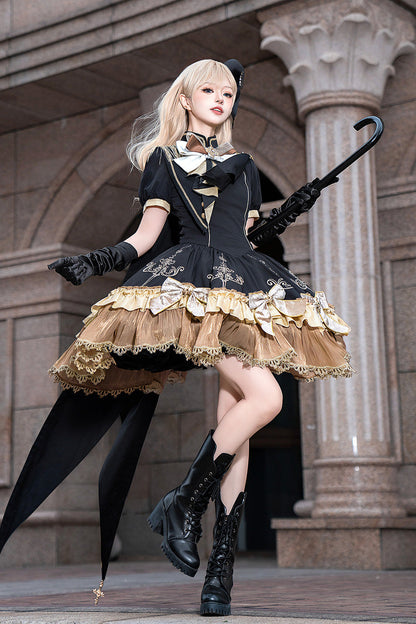 Ebony Short-Sleeve Double-Layered Embroidered Bow Gothic Dress - Gilded Oath