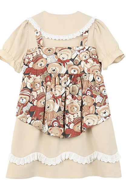 Sweet Lolita Frocks with Doll Collar, Bear Print & Faux Two-Piece Design