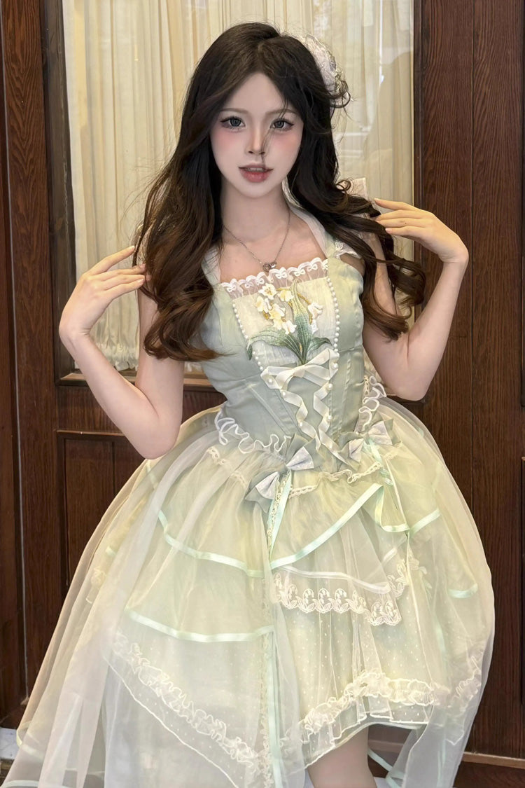 Emerald Lily Valley Polka-Dot Ruffled Lace-Up Princess JSK Dress