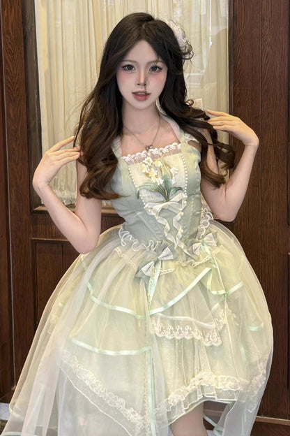 Emerald Lily Valley Polka-Dot Ruffled Lace-Up Princess JSK Dress