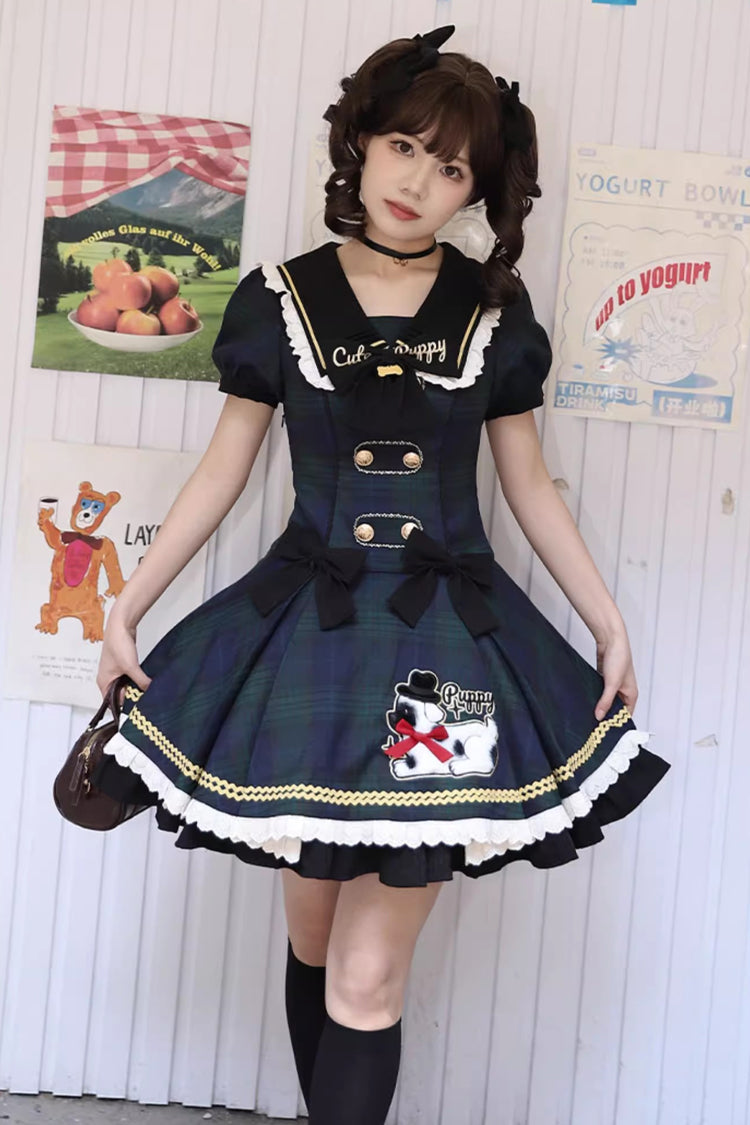 Azure Dalmatian Print Short Sleeve Ruffle Bow Slim Sweet Lolita Gown