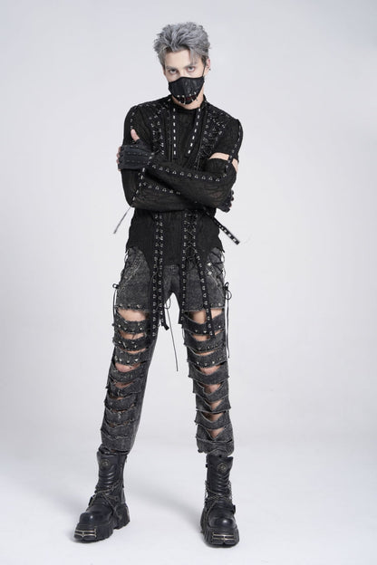 Ebony Long-Sleeve Strap Lace-Up Irregular Sheer Men's Punk Tee