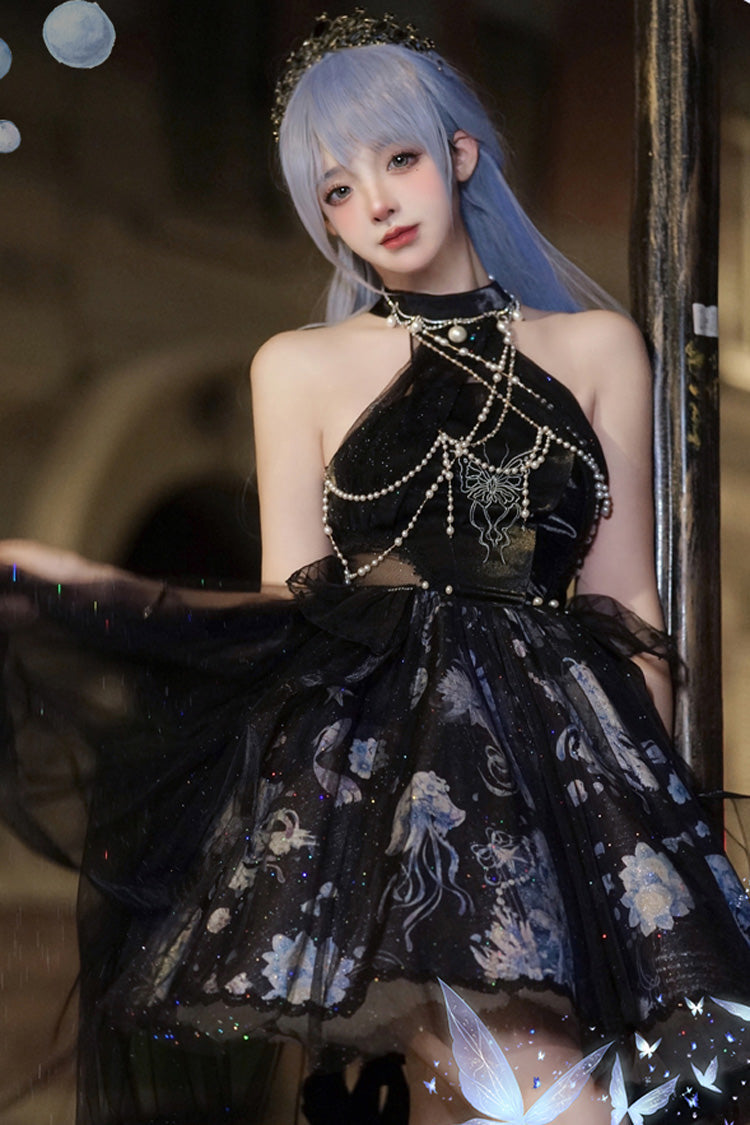 Azure Deep Sea Jellyfish Halter Sleeveless Print Embroidery Bow Lace Elegant Lolita Jumper Dress