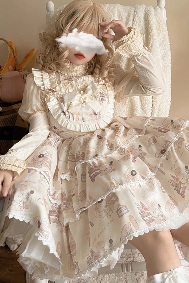 Plus Size Sweet Lolita JSK Gown with Triple-Layer Ruffles & Printed Bow