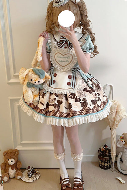 Peppermint Chocolate Cake Bear Print Lace-Up Lolita Dress with Bow - Sweet