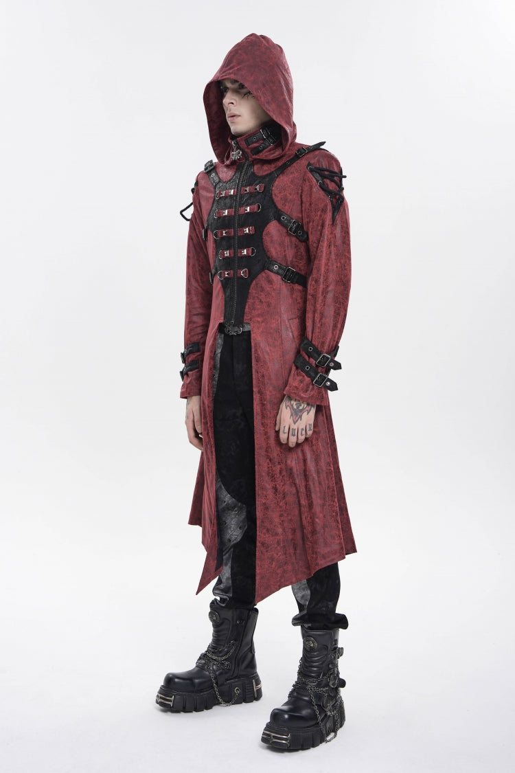 Crimson High-Neck Punk Hooded Jacket with Prints, Studs, and Zippers
