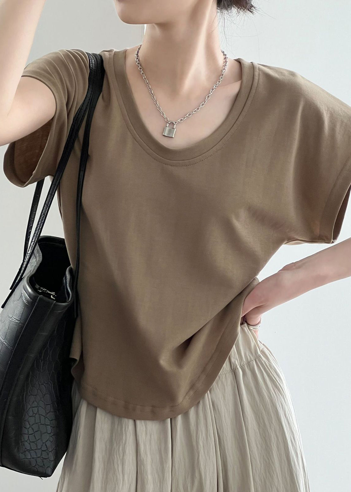 Summer Solid Simple Coffee T Neck O Shirt Cotton