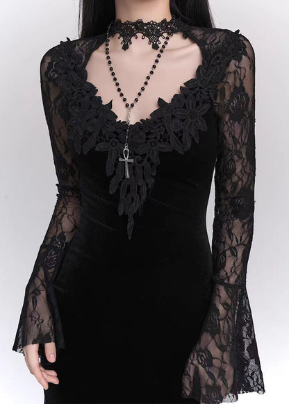 Silk Bohemian Dresses Patchwork Velvet Black Hollow Lace Maxi Out