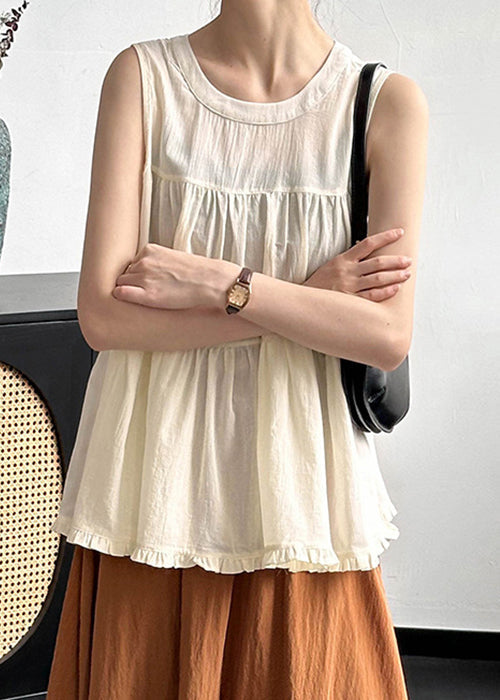 Beige Ruffled Solid Cotton Tops O Neck Summer AF1048