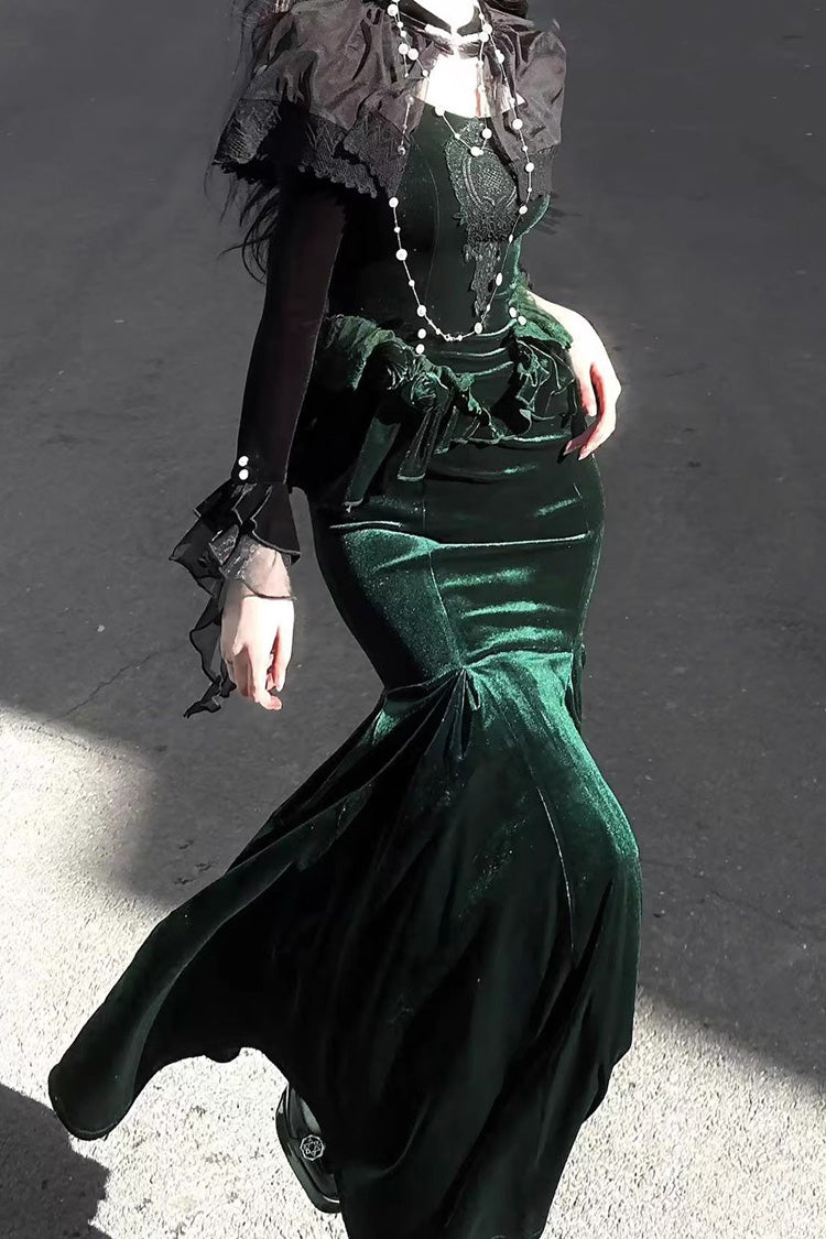 Emerald Ruffle Embroidery Slim Elegant Lolita Jumper Fishtail Gown
