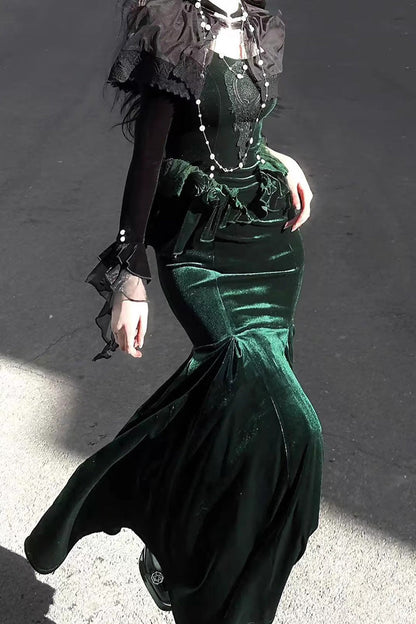Emerald Ruffle Embroidery Slim Elegant Lolita Jumper Fishtail Gown